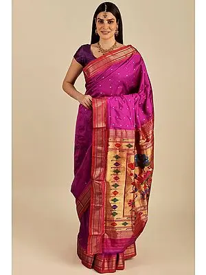 Purple-Orchid Paithani Silk Sari with Hand-Woven Peacocks and Lotus on Aanchal