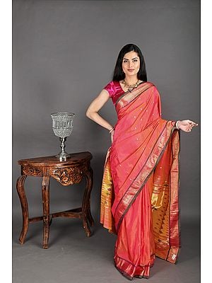 Coral-Paradise Paithani Silk Sari with Hand-Woven Peacocks on Aanchal