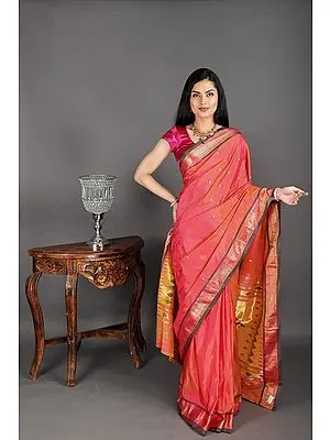 Coral-Paradise Paithani Silk Saree with Hand-Woven Peacocks on Aanchal