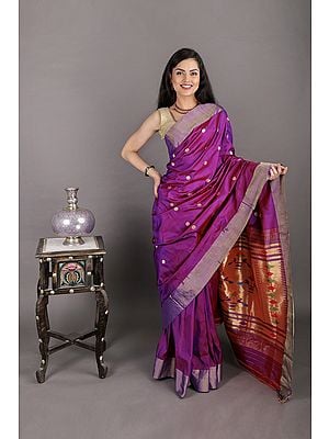 Purple-Magic Paithani Silk Sari with Hand-Woven Peacocks on Aanchal