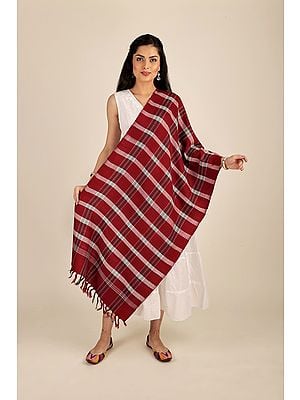 Tango-Red Handwoven Pure Wool Stole With Check Pattern From Uttarakhand (Trishulii, an Initiative By TATA)