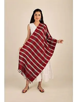 Tango-Red Handwoven Pure Wool Stole With Check Pattern From Uttarakhand (Trishulii - A Community-Owned Producer Company)