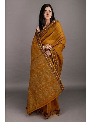 Buckthorn-Brown Pure Cotton Hand Woven Tant Sari From Bangal