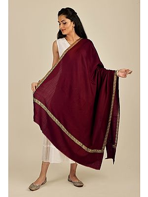 Plain Tusha Cashmere Stole from Kashmir with Sozni Hand-Embroidery on Border