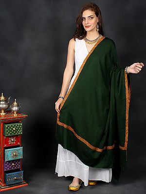 Plain Tusha Cashmere Stole from Kashmir with Sozni Hand-Embroidery on Border