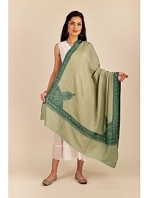 Twill Plain Tusha Shawl from Kashmir with Needle Embroidery by Hand on Border