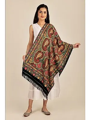 Black-Beauty Woolen Stole from Kashmir with Aari-Embroidered Floral Paisley By Hand
