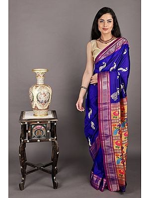 Royal-Blue Brocaded Paithani Handloom Sari from Maharashtra with Zari-Woven Pallu