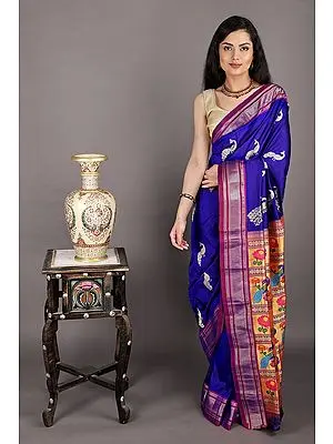 Royal-Blue Brocaded Paithani Handloom Sari from Maharashtra with Zari-Woven Pallu