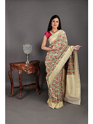 Cloud-Cream Handloom Pure Silk Banarasi Sari with Kadhwa Woven Flowers All-over
