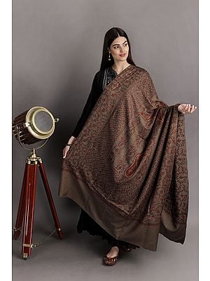 Cocoa-Creme Tusha Shawl from Kashmir with Sozni Hand-Embroidered Floral Vines and Leaf