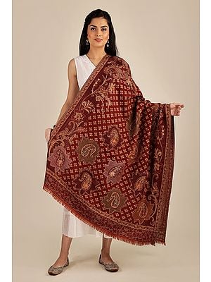 Red-Dahila Jamawar Wool Shawl From Amritsar With Aari Embroidery and Paisley