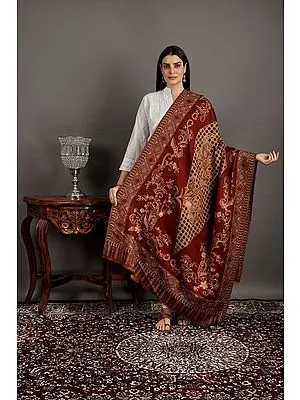 Karanda-Red Jamawar Wool Shawl from Amritsar with Aari Embroidery and Flowers