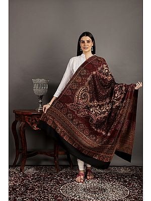 Black-Beauty Jamawar Wool Shawl From Amritsar With Aari Embroidery and Paisley