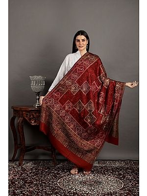 Haute-Red Jamawar Wool Shawl From Amritsar With Aari Embroidery and Paisley