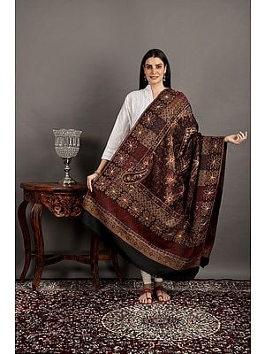 Jet-Black Jamawar Wool Shawl from Amritsar with Aari Embroidery and Motif