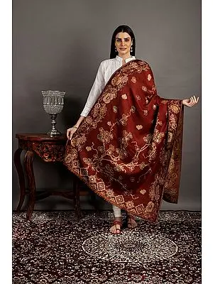 Winery Jamawar Wool Shawl from Amritsar with Aari Embroidery and Flowers