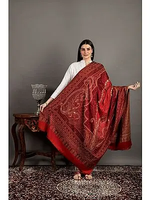 Barbados-Cherry Jamawar Wool Shawl From Amritsar With Aari Embroidery and Motif