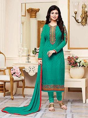 Proud-Peacock Ayesha-Takia Long Choodidaar Salwar Kameez Suit with Zari-Embroidery