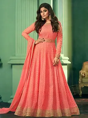 Burnt-Coral Georgette Designer Anarkali Heavy Salwar-Kameez Suit