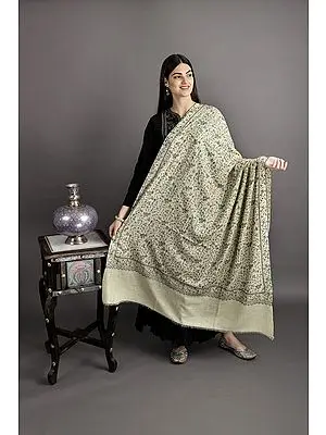 Antique-White Pure Pashmina Shawl from Kashmir with Sozni-Embroidery by Hand