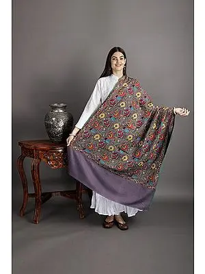 Grapeade Pure Pashmina Shawl from Kashmir with Sozni Hand-Embroidered Flowers in Multicolor Thread