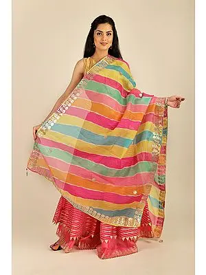 Multi-Color Leheria Kota Doria Dupatta from Jodhpur with Gota Border
