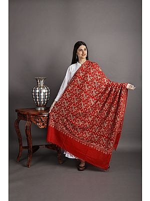 Urban-Red Pure Pashmina Shawl from Kashmir with Sozni Hand-Embroidered Paisleys and Flowers in Multicolor Thread