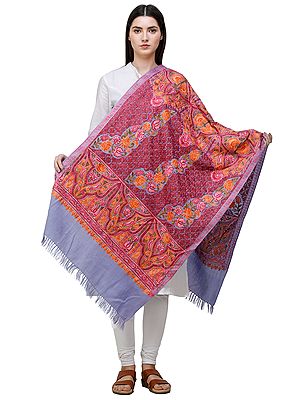 Baby-Lavender Stole from Amritsar With Aari-Embroidered Flowers And Paisleys in Multi-color Thread