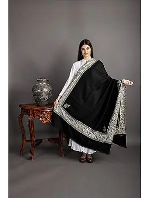 Black-Beauty Pure Pashmina Shawl from Kashmir with Sozni-Embroidery by Hand
