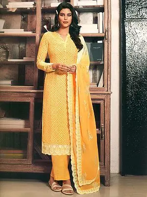 Sunset-Gold Royal Crepe Salwar Kameez Suit with Embroidered Lace and Crochet Border
