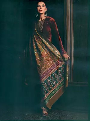 Pure Velvet Solid With Kaani Woven Dupatta Salwar-Kameez Suit