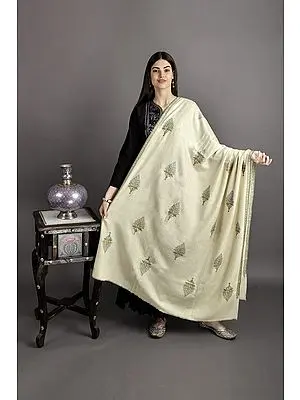Cloud-Cream Pure Pashmina Shawl from Kashmir with Sozni-Embroidery by Hand