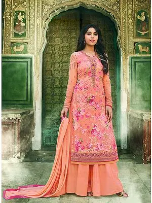 Tropical-Peach Brasso Digital Print with Embroidery Work With Chiffon Dupatta Salwar-Kameez Suit