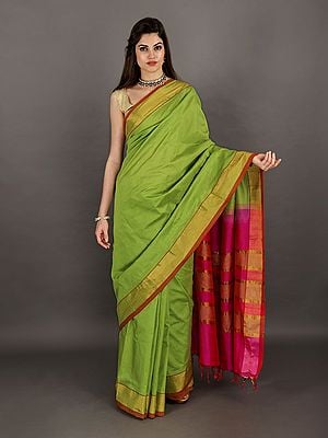Plain Kanji-Cotton Sari From Tamil Nadu with Zari-Woven Border and Tassels