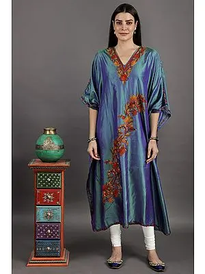 Dazzling-Blue Two-Tone Long Kashmiri Kaftan With Floral Aari Hand Embroidery