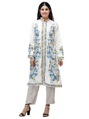 Snow-White Long Jacket from Kashmir with Floral Aari Embroidery