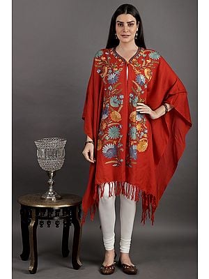 Aurora-Red Cape from Kashmir with Aari Hand-Embroidered Flowers