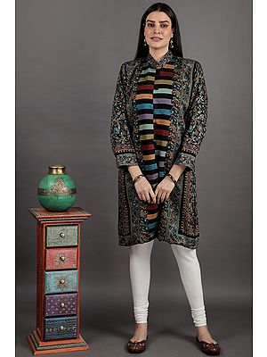 Black-Beauty Kani Jamawar Long Jacket from Amritsar with Woven Paisleys and Florals