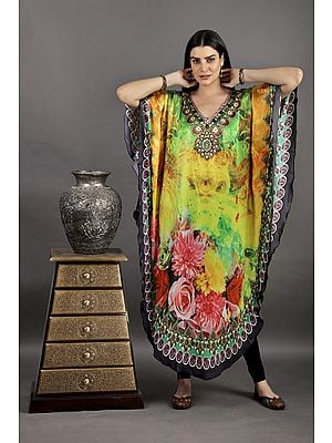Multicolored Digital Print Long Silk Kaftan With Stone Work