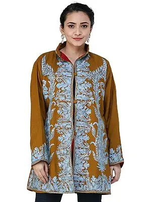 Golden-Brown Short Jacket From Kashmir With Floral Aari Embroidery