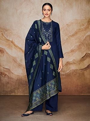 Bellwether-Blue Palazzo Salwar-Kameez Suit with Zari-Embroidery and Woven Dupatta