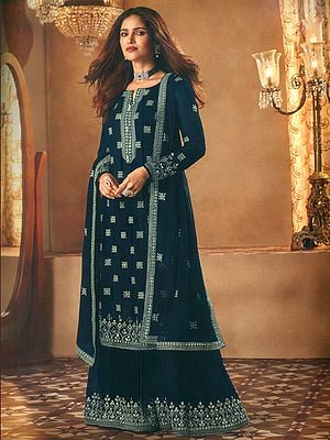 True-Blue Georgette Designer Heavy Salwar-Kameez Suit With Sharara Pants