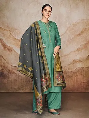 Bright-Aqua Palazzo Salwar-Kameez Suit with Zari-Embroidery and Woven Dupatta