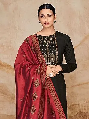 Caviar-Black Palazzo Salwar-Kameez Suit with Zari-Embroidery and Woven Dupatta