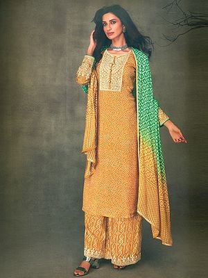 Golden-Apricot Bandhej Muslin Digital Print With Neck Embroidery Salwar-Kameez Suit