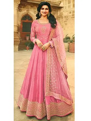 Flowering-Ginger Embroidered Dola Silk Top With Embroidered Net Dupatta Salwar-Kameez