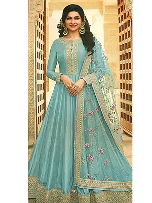 Sea-Jet Embroidered Dola Silk Top With Embroidered Floral Net Dupatta Salwar-Kameez