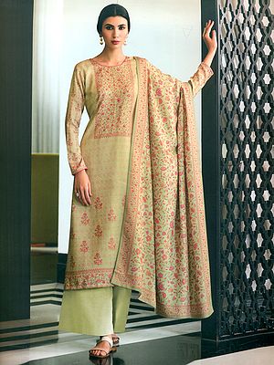 Tint Self Woven Poly Wool Kalamkaari With Embroidery Salwar-Kameez Suit