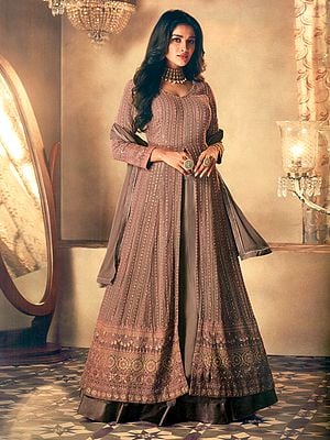 Taupe-Gray Georgette Designer Salwar-Kameez Party Wear Suit With Heavy Embroidery